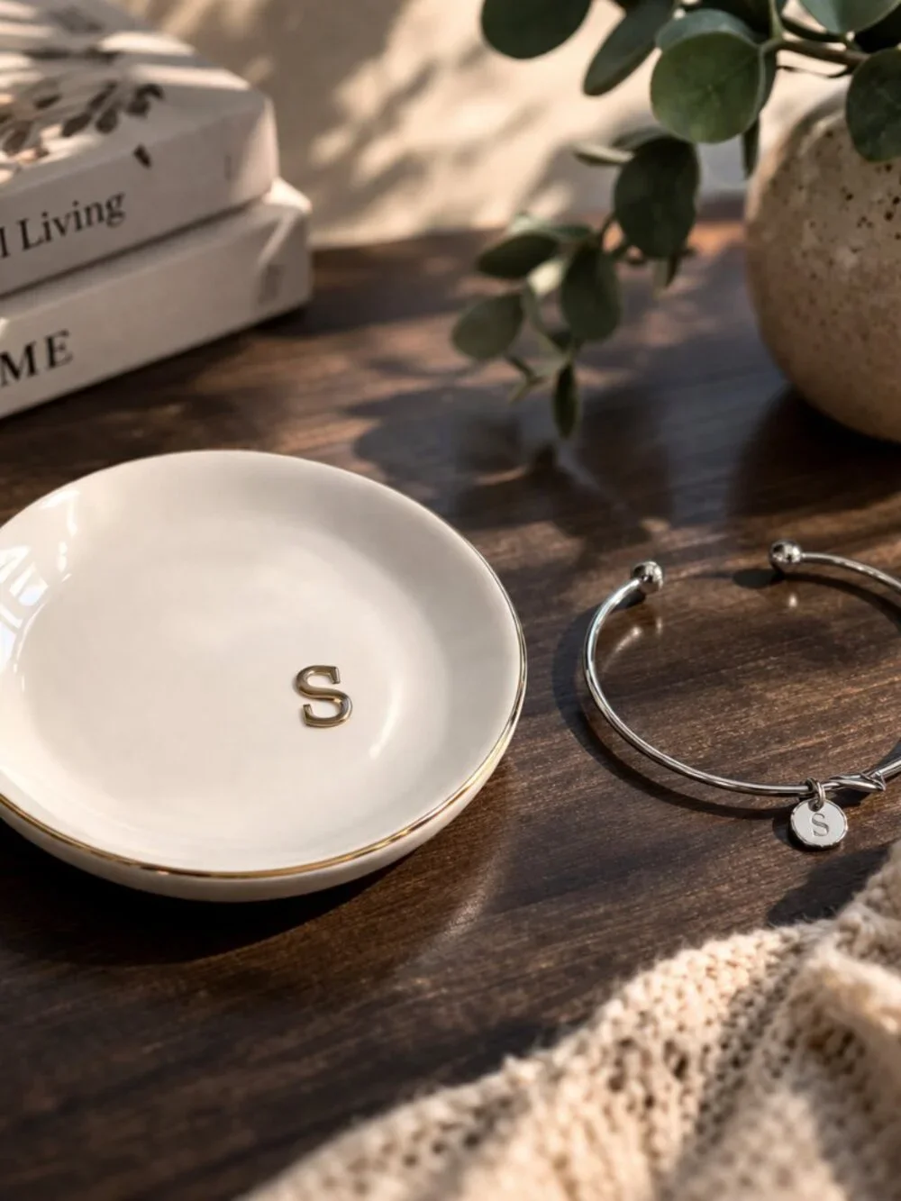 Letter S | Ceramic Jewelry Tray or Trinket Dish AND Letter S Silver Bracelet